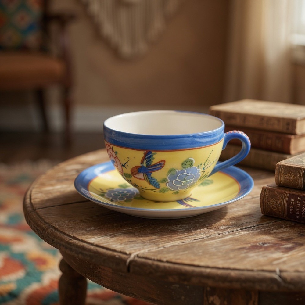 Vintage Japanese Moriage Teacup Saucer Set Yellow Blue Floral Bird Hand Painted